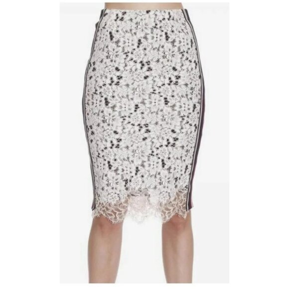 PINKO Gonna Longuette White Floral Lace Side Stripe Pencil Skirt Women s Size 10